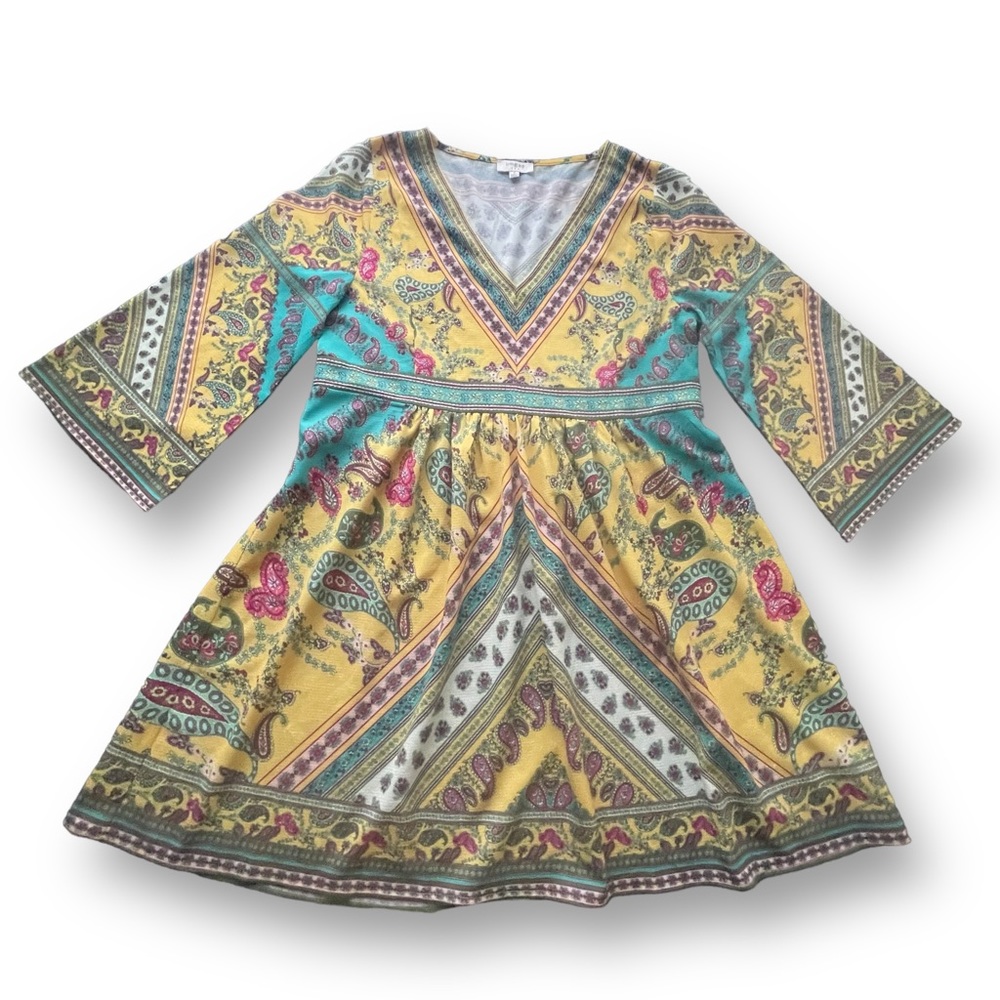 Umgee Yellow Floral/ Paisley Print Fit & Flare Dress Women's Size Small